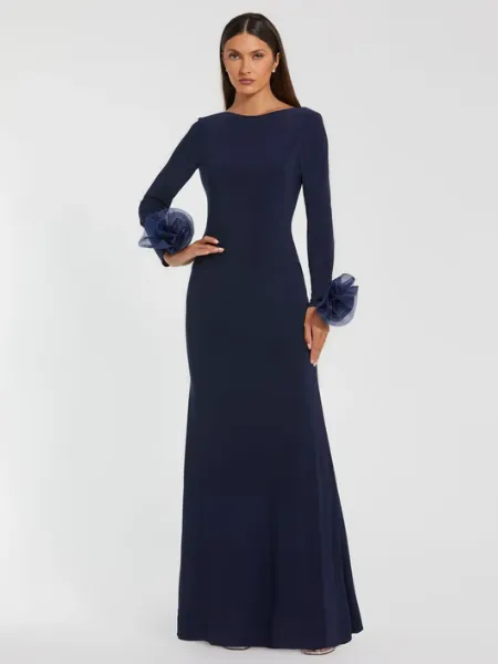 Navy Long Sleeve Fitted Jersey Gown With 3D Flowers